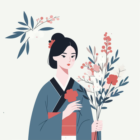 woman in a kimono dress holding a bunch of flowers in a flat design style.のイラスト素材