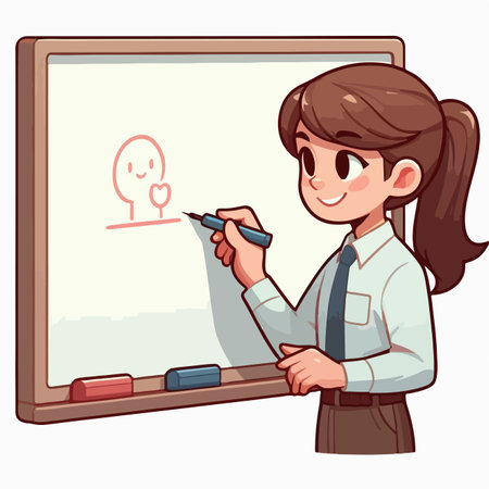 Beautiful art teacher draws on clipboard in flat design styleのイラスト素材