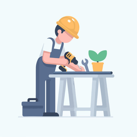 handyman fixing desk with drill in flat design styleのイラスト素材