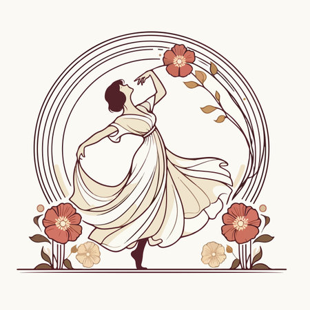 woman in white dress with flower ornament in art nouveau styleのイラスト素材