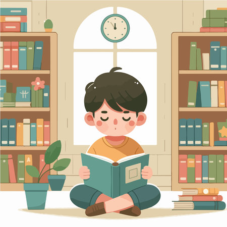 boy reading a book in the libraryのイラスト素材