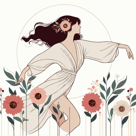 woman in white dress dancing in a flower garden in art nouveau styleのイラスト素材