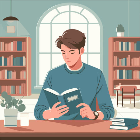 college student enjoy reading book in the libraryのイラスト素材