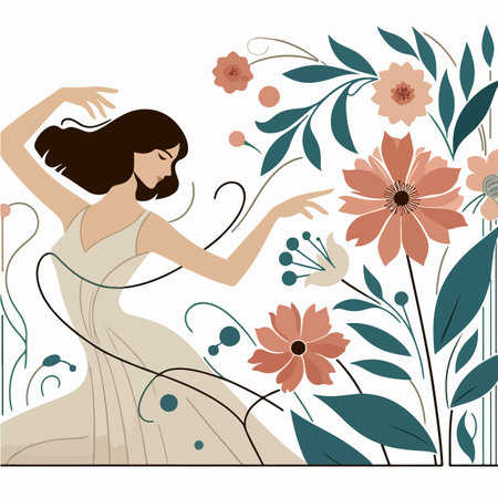 cartoon of a beautiful woman dancing with floral ornaments in art nouveau styleのイラスト素材