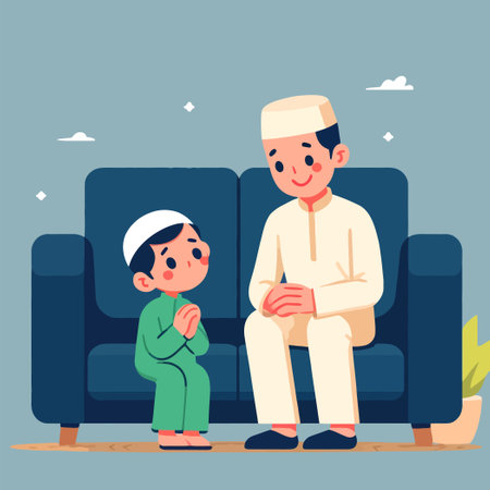 Muslim boy apologizing to father on Eid al-Fitr dayのイラスト素材