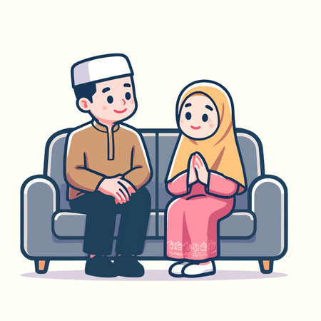 A cartoon of a young Muslim child apologizing to their fatherのイラスト素材