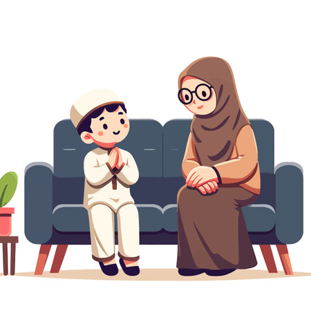 Illustrate a cartoon of a Muslim child apologizing to their motherのイラスト素材