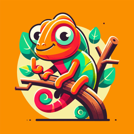 Cartoon of a cute chameleon on a tree branch in flat design styleのイラスト素材
