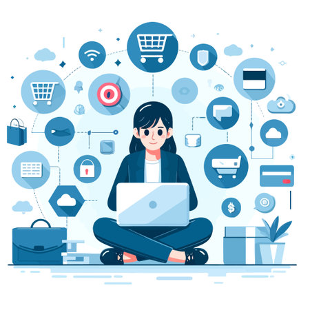 illustration of business woman managing digital business with laptopのイラスト素材