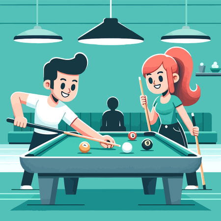 couple playing the sport of billiard in a flat design illustrationのイラスト素材