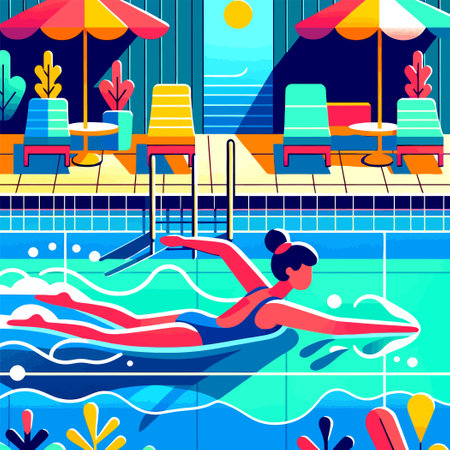woman sport freestyle swimming in the pool in a flat design illustrationのイラスト素材
