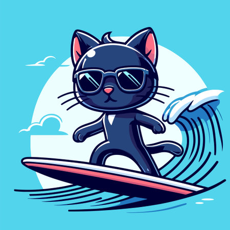 A cool cat wearing black sunglasses surfing on a wave in a flat design styleのイラスト素材