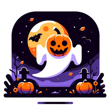 cartoon ghost with pumpkin head in flat design styleのイラスト素材