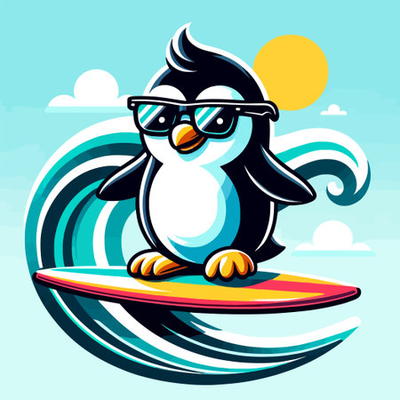 illustration of cool penguin surfing on a waveのイラスト素材