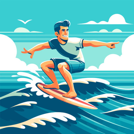 illustration of man surfing on wavesのイラスト素材