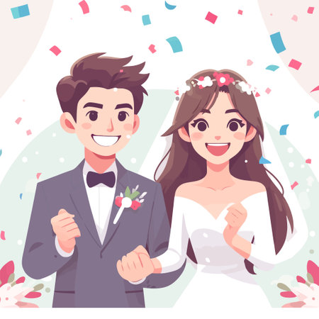 happy young couple celebrating marriage in flat design styleのイラスト素材