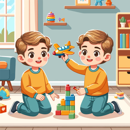 illustration of  twin brothers playing together in flat design styleのイラスト素材