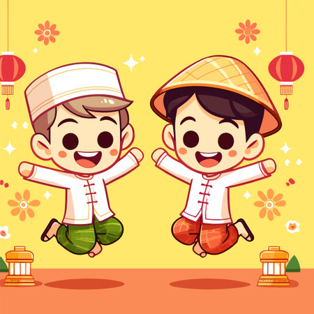 children with traditional burmese clothes celebrate Burmese New Year in flat design styleのイラスト素材