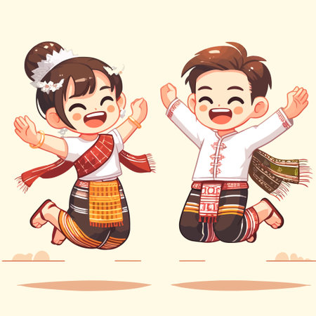 children jumping happily in Laos New Year celebration in flat design styleのイラスト素材