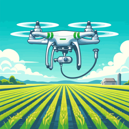 illustration of modern farming technology with drone in flat design styleのイラスト素材