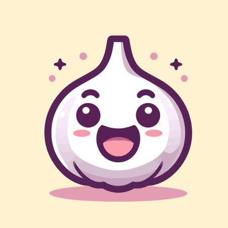 illustration of a cute cartoon garlic character laughing in a flat design styleのイラスト素材
