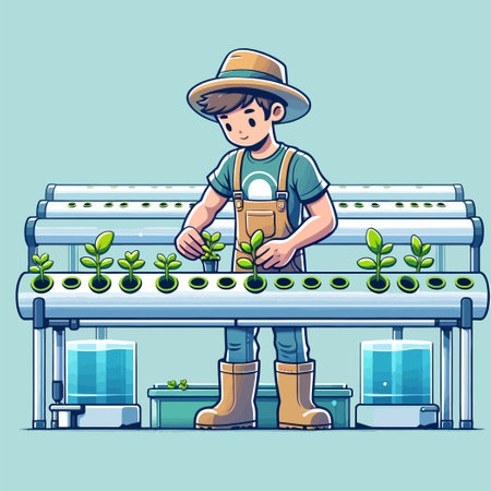 illustration of young farmer planting hydroponic plants in pipes in flat design styleのイラスト素材