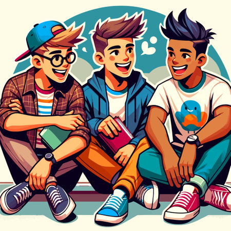 illustration of young men hanging out and laughing in a flat design styleのイラスト素材