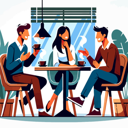 illustration of talking to people in a cafe in flat design styleのイラスト素材