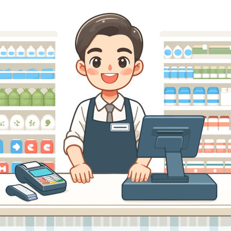 illustration of a pharmacist working in a pharmacy in flat design styleのイラスト素材
