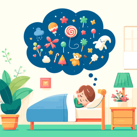 illustration of  child sleeping and dreaming of wonderful things in flat design styleのイラスト素材