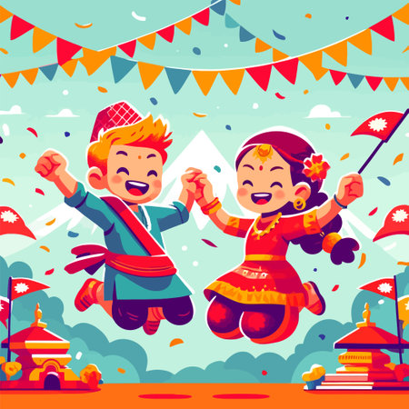 illustration of a festive Nepalese new year celebration in flat design styleのイラスト素材