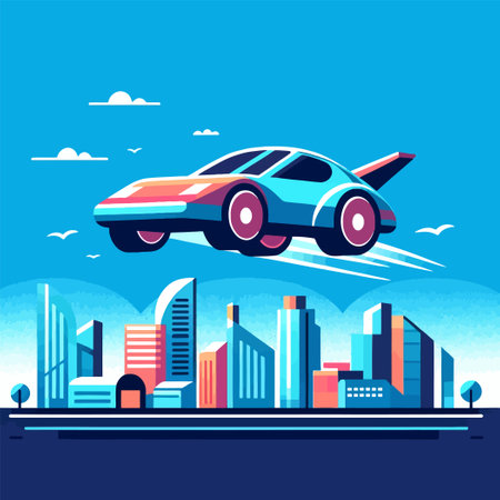 illustration of future technology flying car in flat design styleのイラスト素材