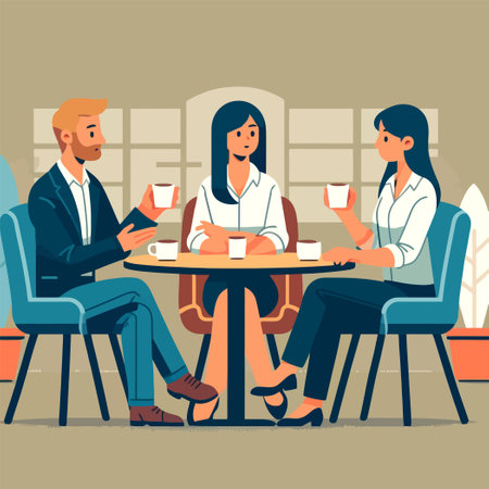 illustration of people discussing and drinking coffee in flat design styleのイラスト素材