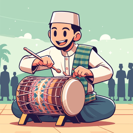 illustration of a Muslim man with a bedug musical instrument in flat design styleのイラスト素材