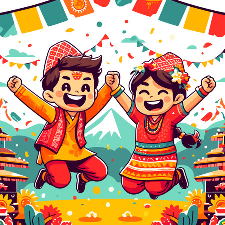 children jumping happily in Nepali New Year celebration in flat design styleのイラスト素材