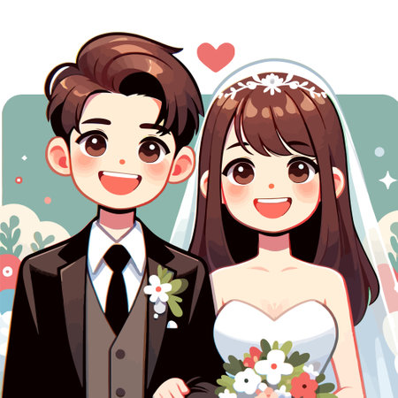 portrait illustration of a happy couple getting married with a flat design styleのイラスト素材