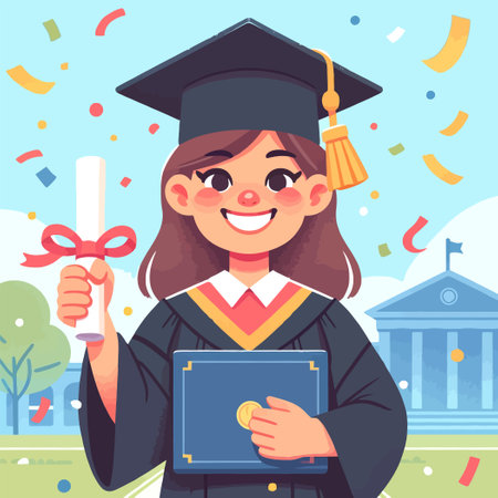 illustration of female college graduate in a graduation gown and cap holding diploma in flat design styleのイラスト素材