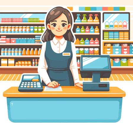illustration of female cashier manning a store in flat design styleのイラスト素材