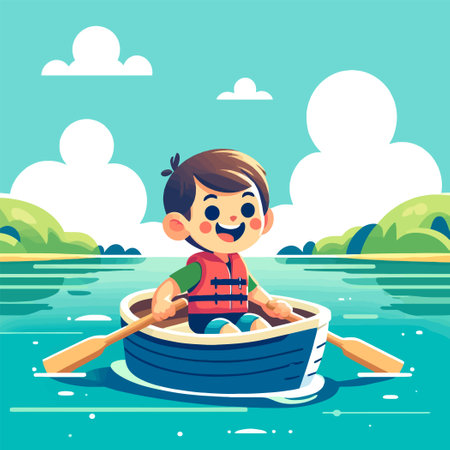 illustration of a little boy playing on a lake with a boat in flat design styleのイラスト素材
