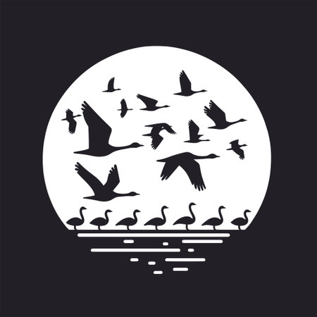 silhouette illustration of a flock of migrating birdsのイラスト素材