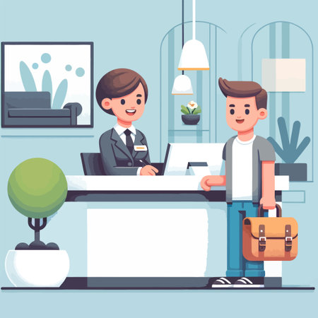 illustration of a receptionist at work serving a visitor cheerfullyのイラスト素材