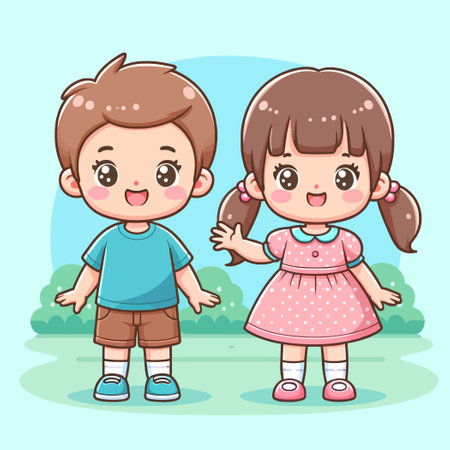 illustration of cute boy and girl school children waving their handsのイラスト素材