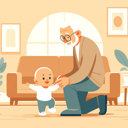 illustration of an elderly person playing with a babyのイラスト素材
