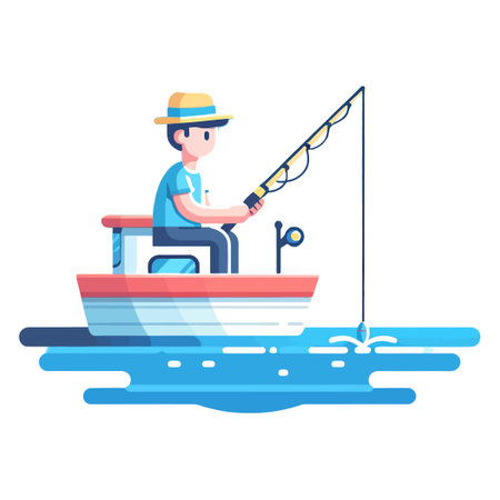 illustration of a fisherman fishing from a boat on a white backgroundのイラスト素材