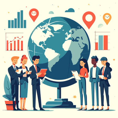 illustration of team discussing global investment while standing near a globeのイラスト素材