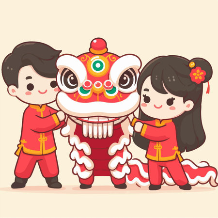 little boy and girl dance the lion dance on Chinese New Yearのイラスト素材