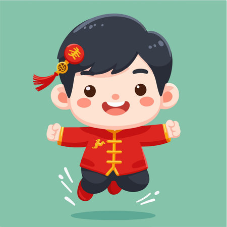 Happy Chinese boy celebrating Lunar New Yearのイラスト素材