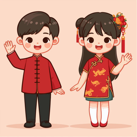 young Chinese couple waving handのイラスト素材