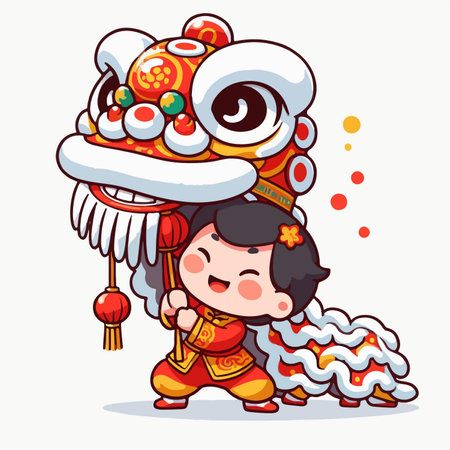 boy dancing lion dance on Chinese New Yearのイラスト素材
