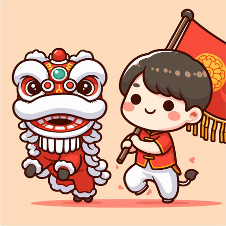 boy dancing lion dance on Chinese New Yearのイラスト素材